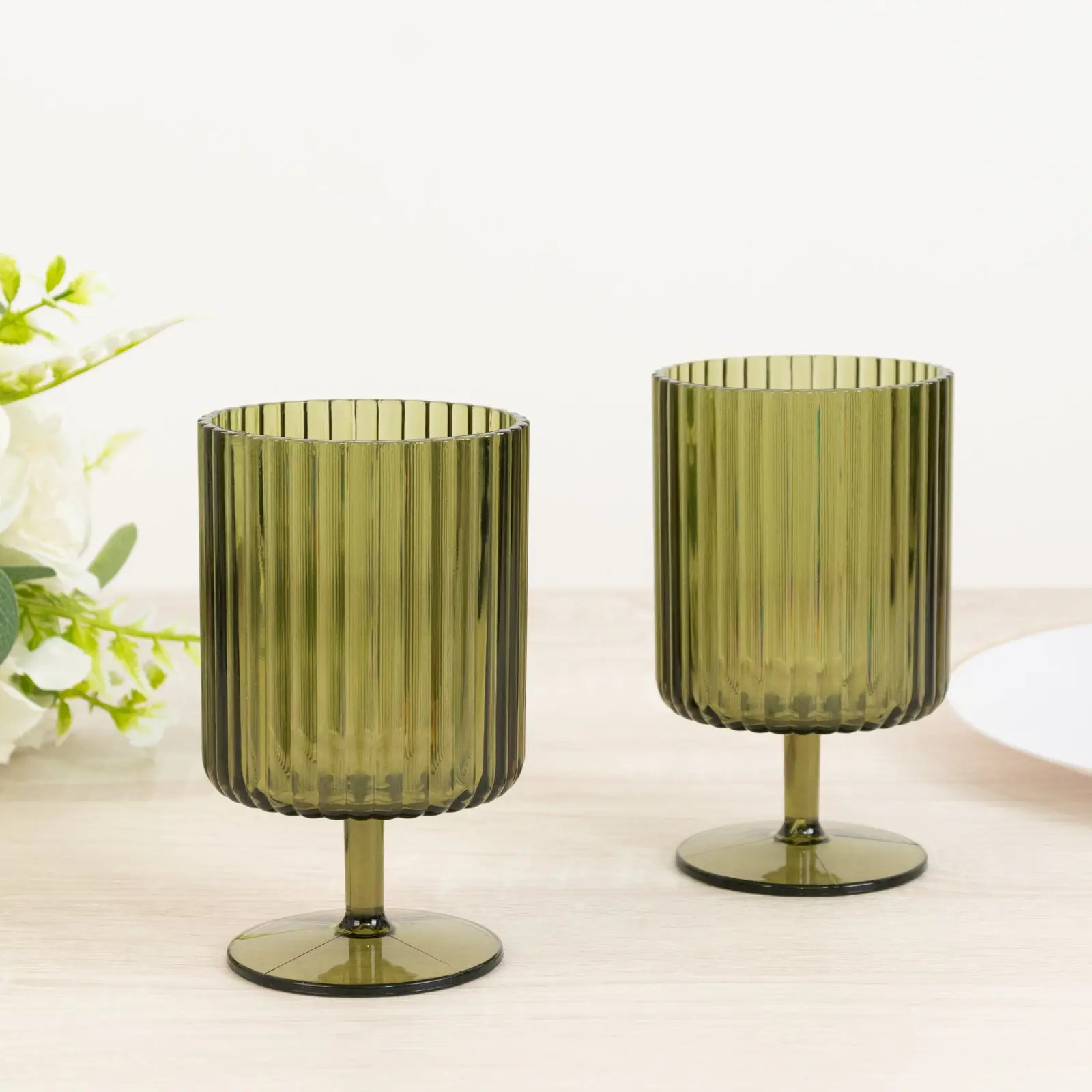 12-Pack Dusty Sage Green Vintage Ribbed Plastic Goblets - 12oz Short Stem Reusable Wine Glass Set, Drinking Glassware, Wine Cup for Parties, Birthday, Wedding