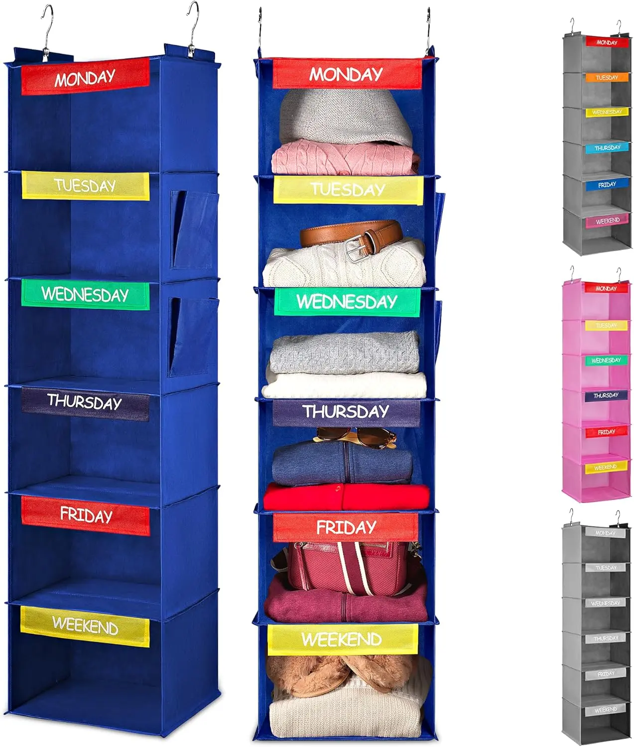 Bamboo Hanging Closet Storage Organizer - 6-Shelf Kid-Friendly Blue Home Organizer with Labeled Slots, Time-Saving Organization for Daily Outfits (Weekday, Weekend)