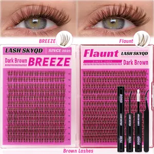 LASH SKYQD 276pcs D Curl BREEZE & Flaunt Brown False Eyelash Cluster Kit, Mix 10-16mm Wispy Cluster Eyelash Extensions Kit With Lash Bond and Seal and Tweezers, Perfect for Beginners & Proficient, DIY at Home Easily, Easy Apply for Makeup Daily