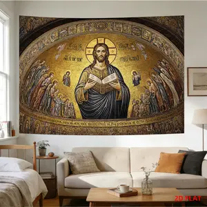 2D Flat, 1 Large Byzantine Jesus Christ Tapestry - Golden Icon Wall Hanging Suitable for Bedroom, Living Room, Meditation Area, Office Decor - Religious Holy Book & Icon Art Print, Horizontal Hanging for Decoration, Religious Home Decor, 2D Flat
