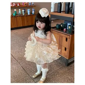 No Accessories, Girls' 2025 New Summer Princess Birthday Party Dress - Sleeveless Ruffled Tulle Skirt, Color Fitted Partywear for Young Girls, Princess Dress for Girls, Chic Young Girls' Attire, A Standalone Dress