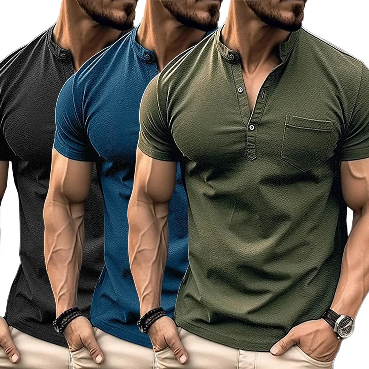 Men's 3-Pack Placket Neck Short Sleeve Henley Shirts - Casual Tops for Daily, Outdoor Outfits, Henley Shirt, Casual Cotton Tee, Breathable Menswear, Casual Style Tee