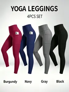 4-pack high-waisted full-length leggings — with pockets, tummy control, squat-proof design; yoga pants for spring, summer, and fall training; summery vibes; women’s wear, solid color, all-season casual style， clothing
