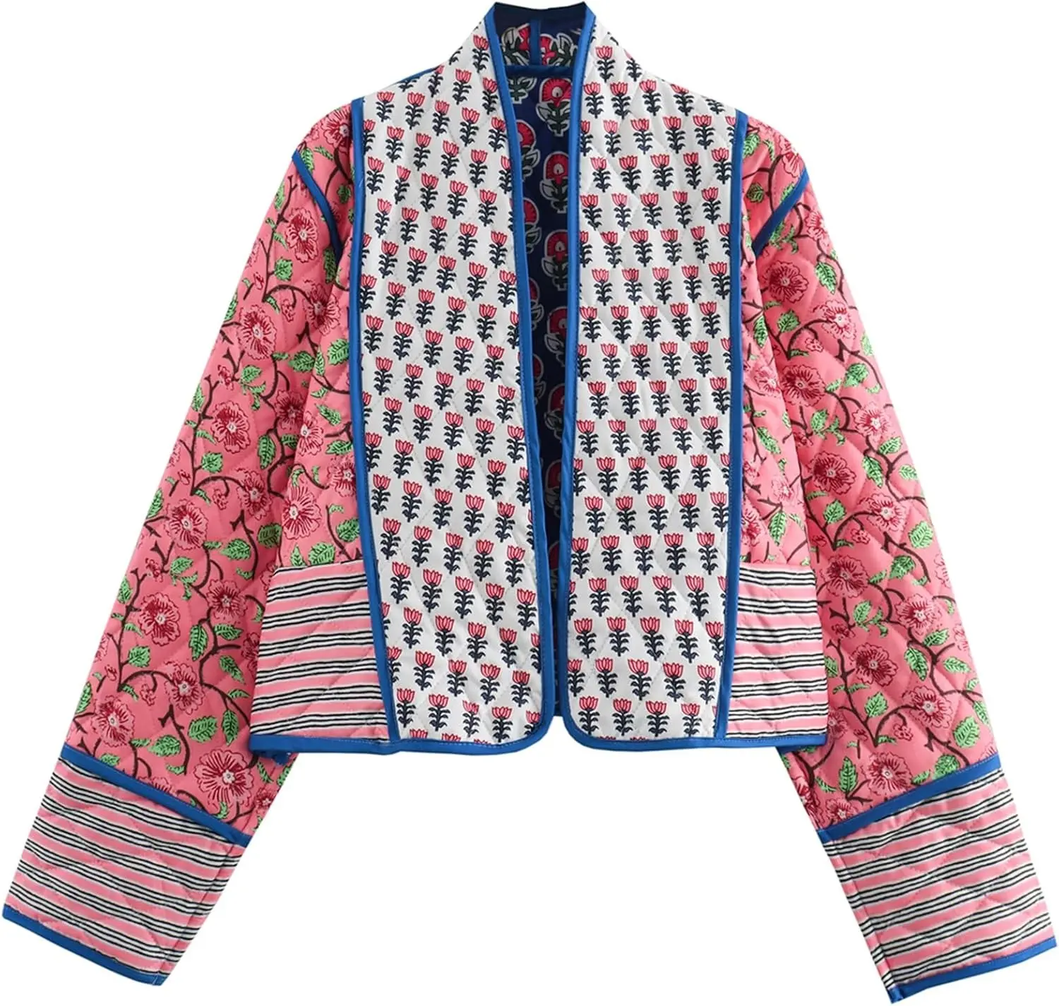 Women's Cropped Puffer Quilted Jacket Cardigan Floral Printed Lightweight Long Sleeve Open Front Short Padded Coats