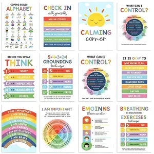 12Pcs Professional Social Emotional Learning Posters Set, Classroom Calm Corner Visuals, Feelings Wheel & Coping Skills Posters, Daily Emotional Check-In Breathing Exercises Charts for Kids Preschool Elementary
