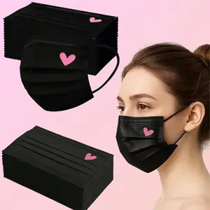 Cute Disposable Face Masks, & Heart Pattern Design, Three-Layer Protection, Ideal for Women, Teens, Girls Daily Use