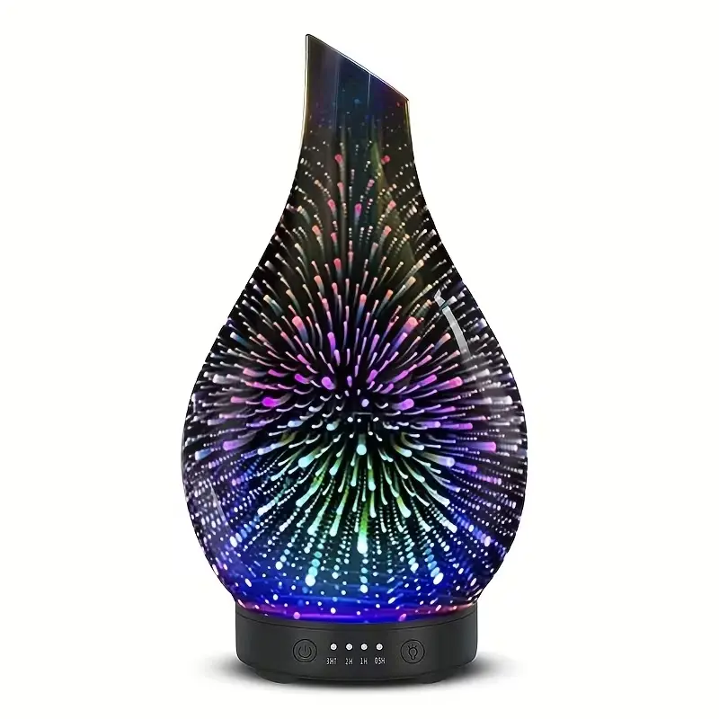 3D Firework Glass Ultrasonic Essential Oil Diffuser - Aroma Humidifier with 7-Color Changing Night Light, Wood Grain Base, Auto-Off Function for Home, Bedroom, Holiday Gift