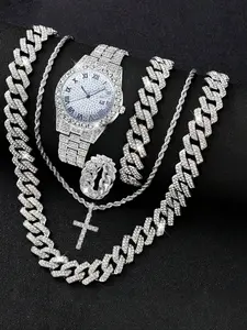 Luxury Party Men's Silver Color Rhinestone Decorated Watch with Calendar, Stainless Steel Strap, Quartz Movement, Perfect Gift for Christmas & Birthdays