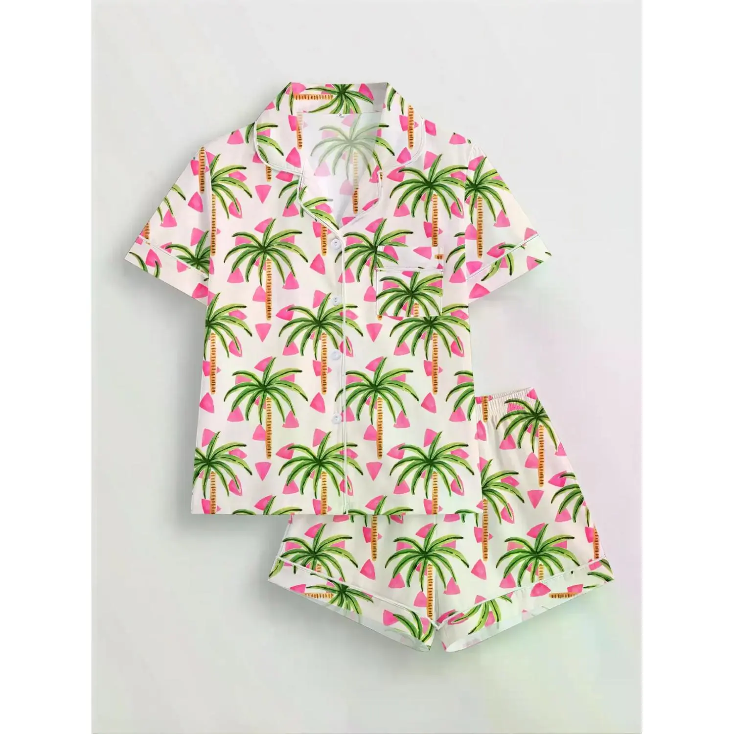Tropical Coconut Tree Print Women's Sleepwear Set - Short Sleeve Button-Up Top & Elastic Shorts - Casual Loungewear Pajamas for All Seasons