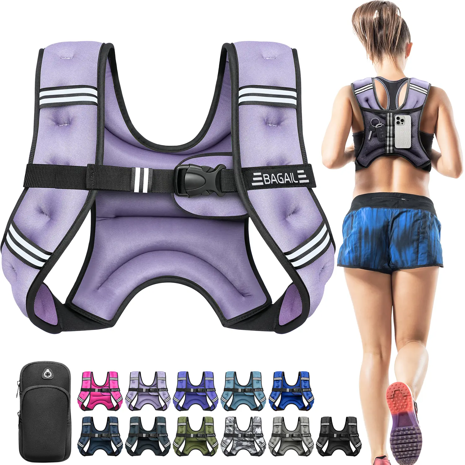 【SummerWins】BAGAIL Comfort-Fit Weighted Vest for Woman, Even Weight Distribution, No-Chafe or Bounce for Walking & Running with Detachable Phone Pouch & Reflective Stripes (Available 5-30lbs) Summervibes