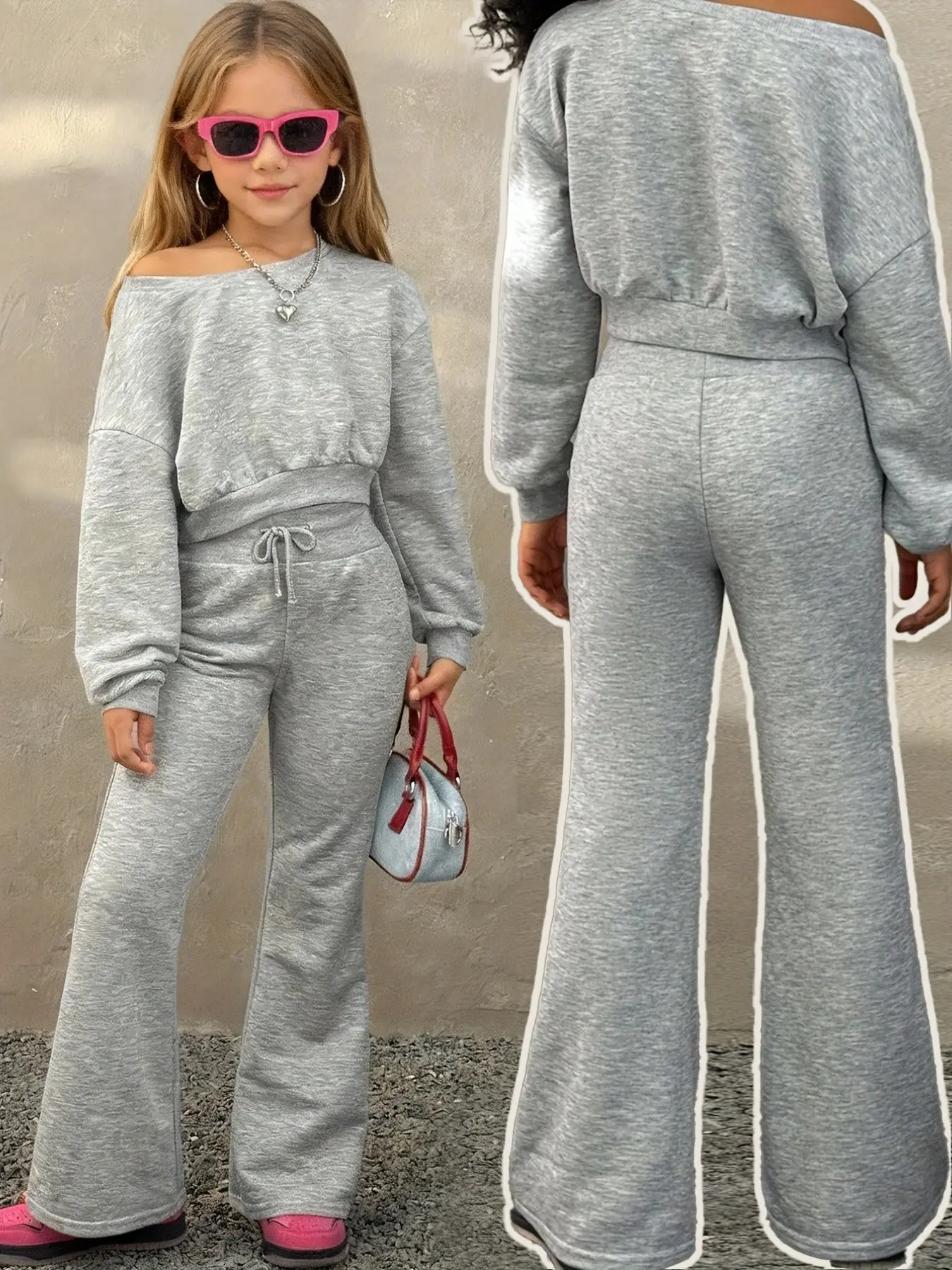 Off-Shoulder 2-Piece Fit Kids Tracksuit, Cropped Sweatshirt & Flare Sweatpants, Casual Streetwear for Girls, All Seasons, Fashion Clothing Set
