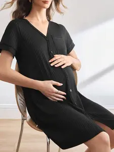 Maternity Sleepwear - Short Sleeve Ribbed Button Up Nightgown for Women Dusty Pink V Neck Loose Fit Summer Pajama Dress with High Stretch Knitted Fabric
