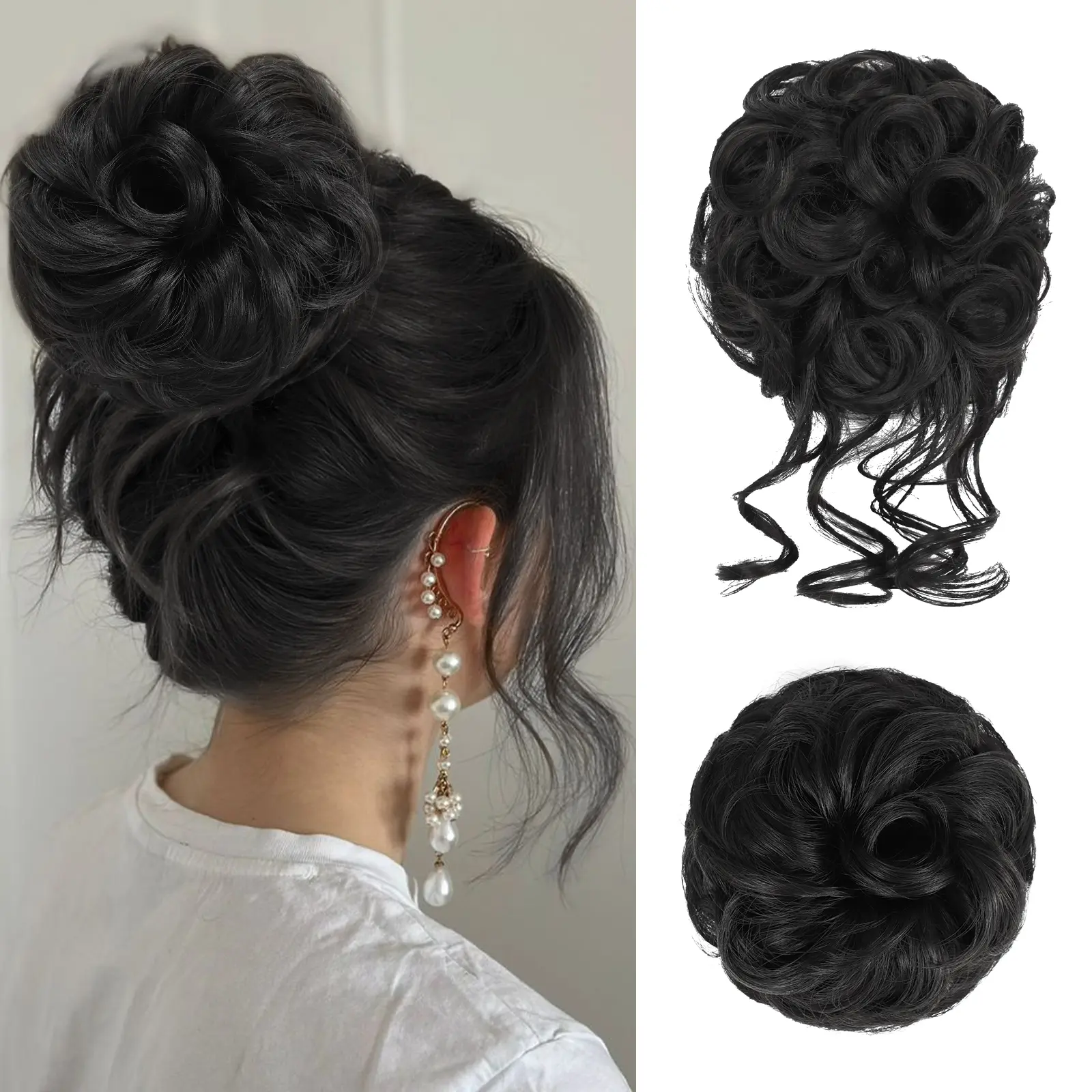 GEEOE Messy Bun Hair Piece for Women - 2PCS Synthetic Hair Pieces with Tousled Updo Hair Buns & Wavy Curly Texture Scrunchies Chignon Ponytail  - Easy to Wear & Versatile for Daily Use Hair Weave