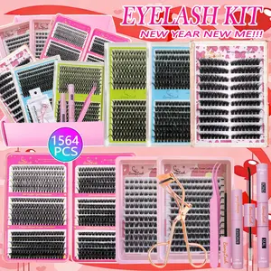 9 Styles Cluster False Eyelash Set, D Curl Lashes, 1564 Pcs Extension, 8-18mm length mixed,Different styles for freely DIY Eyelash Extensions Home Use, Includes Adhesive & Sealer, Natural Fluffy Dense Volume for Eye Makeup, Cosmetic
