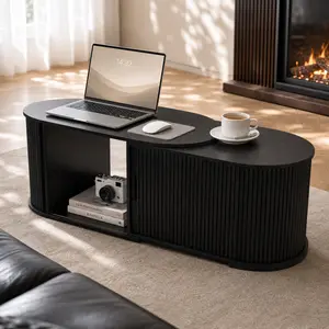 Oakault Multi-Functional Coffee Table with Storage, Extendable Up to 55.12 Inches.Oval Coffee Table with Vertical Striped Sliding Door & Round Base, Mid-Century Modern Center Table for Living Room, (Black) fathersdaygift