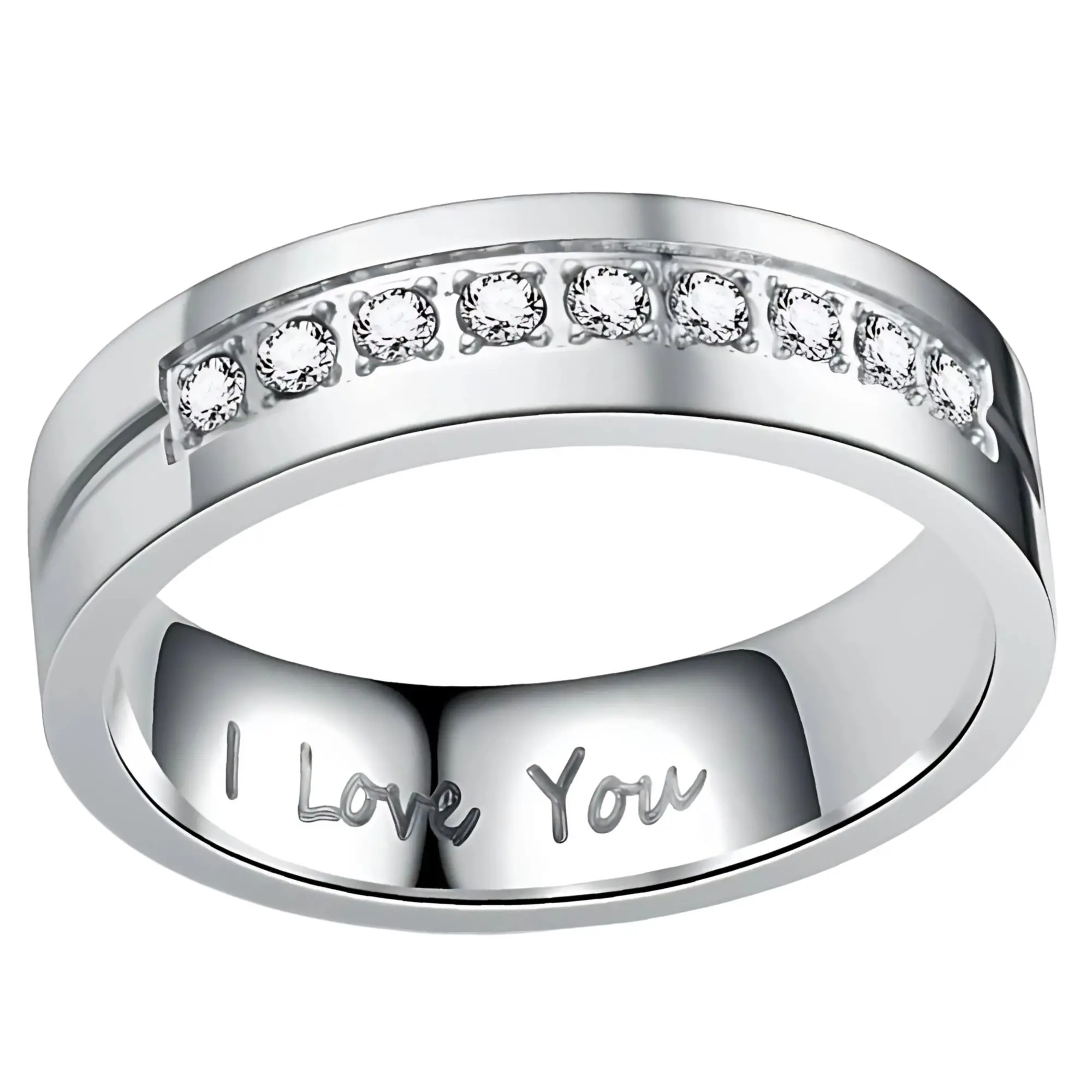 6mm Wedding Band for Men or Women by Ginger Lyne |Inscribed I Love You Stainless Steel Bridal Ring His or Hers Cubic Zirconia Smooth Polish Finish Elegant Ring Cute Rings