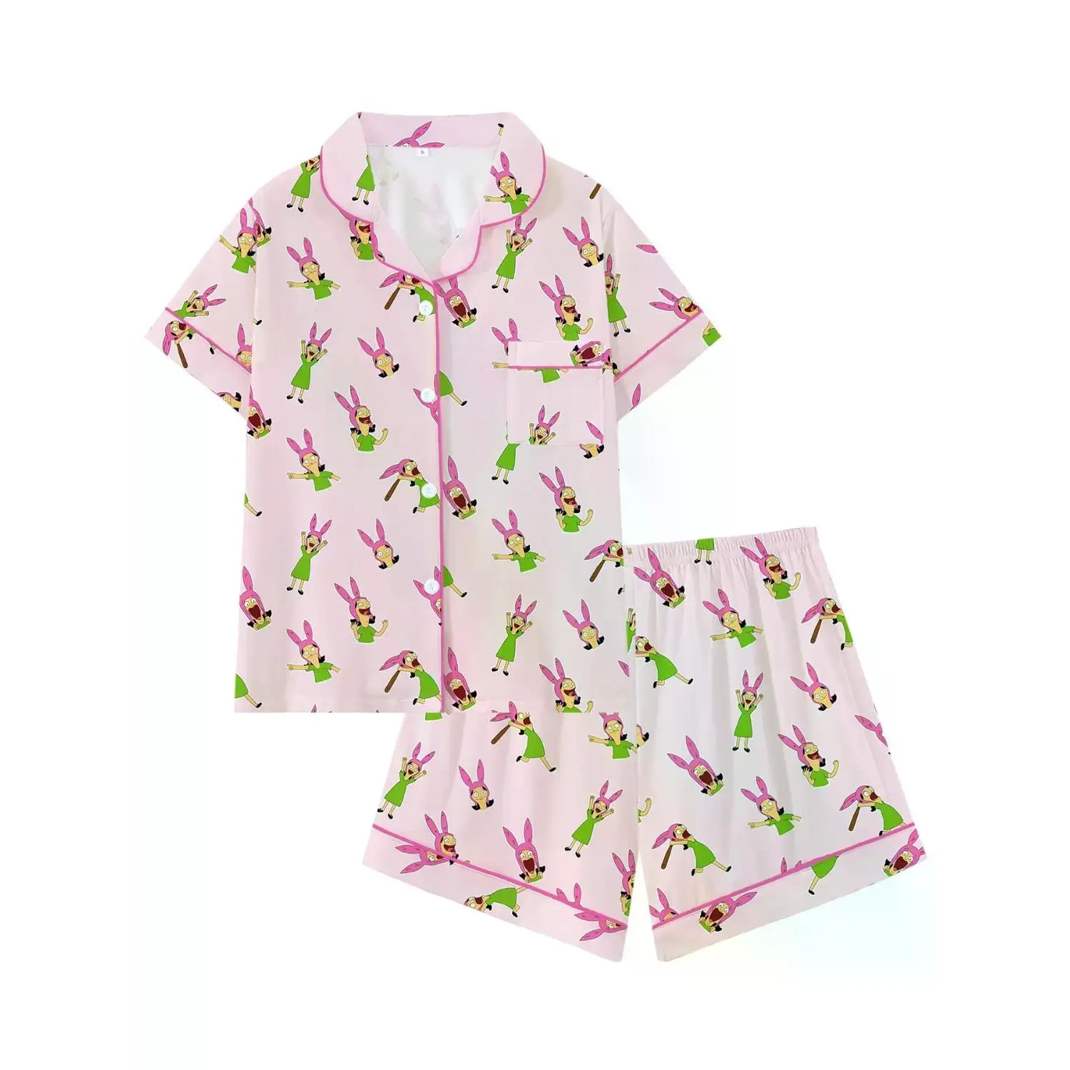 Louise's Cute Burger Pajama Set: Short Sleeve Cartoon Print Loungewear, Comfortable Loose Sleepwear for All Seasons - Perfect Party Gift