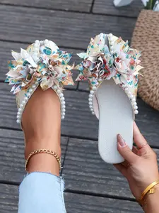 Women's Floral Print Pearl Decor Flat Home Slippers, Lightweight Comfortable Indoor Outdoor Shoes, Fashion Casual Elegant Sandals