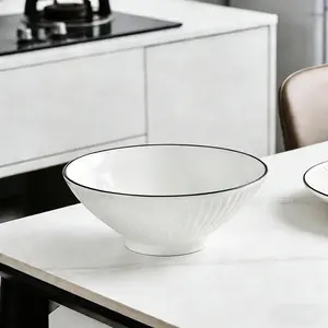 8 Inch Bowl Set of 4, White Porcelain Ramen Bowls with Black Rim, Stylish Ribbed Soup Bowls for Noodle/Salad/Cereal, Dishwasher & Microwave Safe