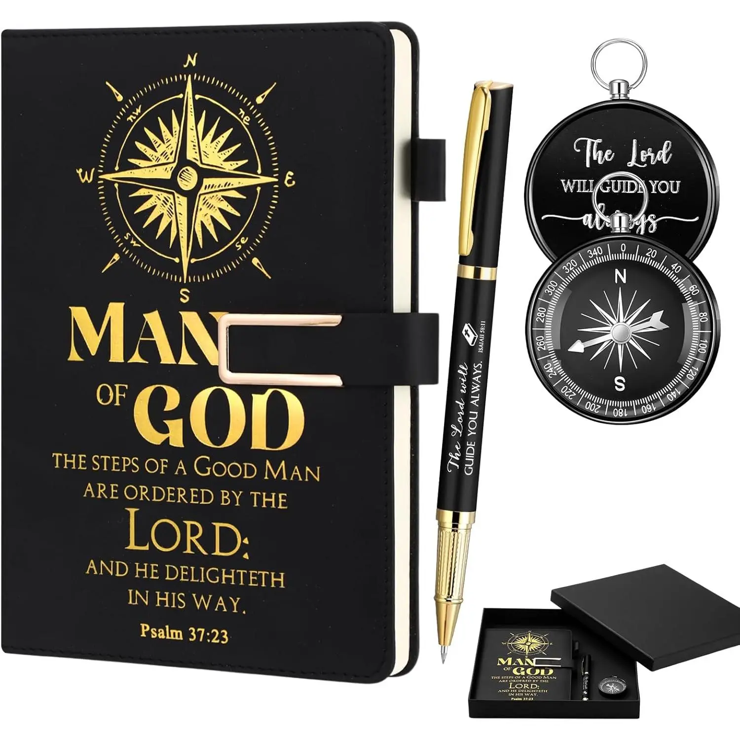 Christian Men's 4-Piece Pastor Appreciation Office Stationery Gift Set - Faith-Themed A5 Size 200-Page Leather Cover Journaling Supplies Journal, Inspirational Black Ink Pen, Alloy Religious Compass, Gift Box, 200 Page Count