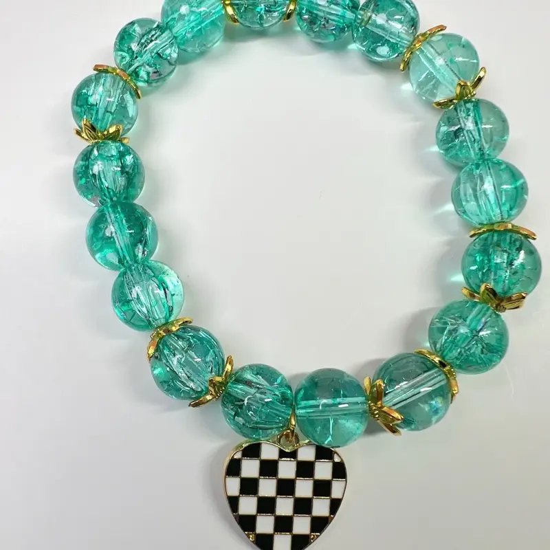 Aqua Checkerboard Heart Charm Bracelet – Glass Beaded Stretch Bracelet