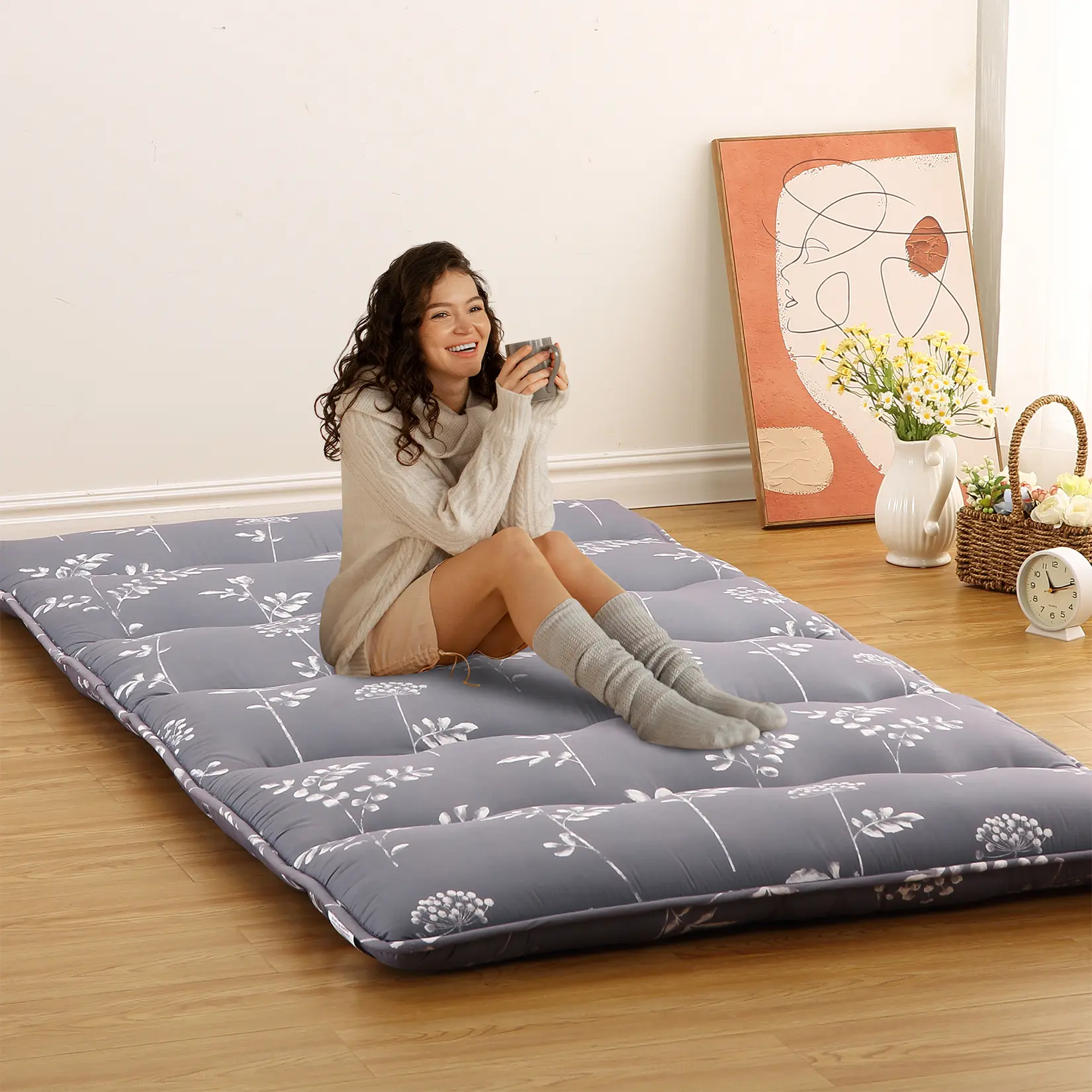 Twin Size Futon Mattress, Japanese Style Futon Floor Mattress, Floral Printed Futon Mattress Sleeping Mattress for Floor, Tatami Mat, Roll Up Camping Mattress Pad, Flower