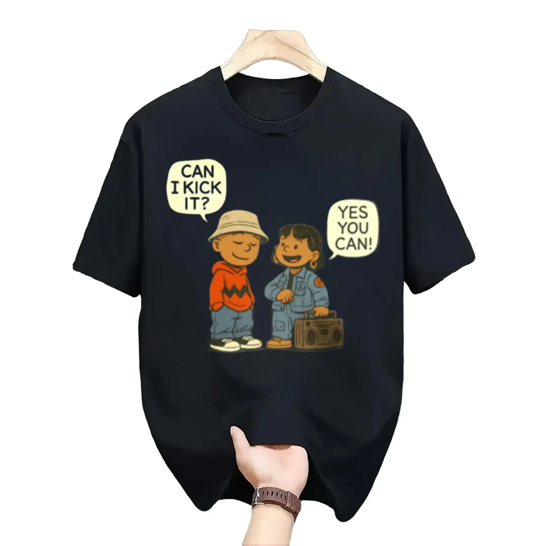 Men's Cartoon Charlie Brown & Lucy Van Pelt "Yes You Can Quote" Short-Sleeve Top, Fashion Menswear Unisex Casual Summer Daily Wear, Party Gift for Friends & Family