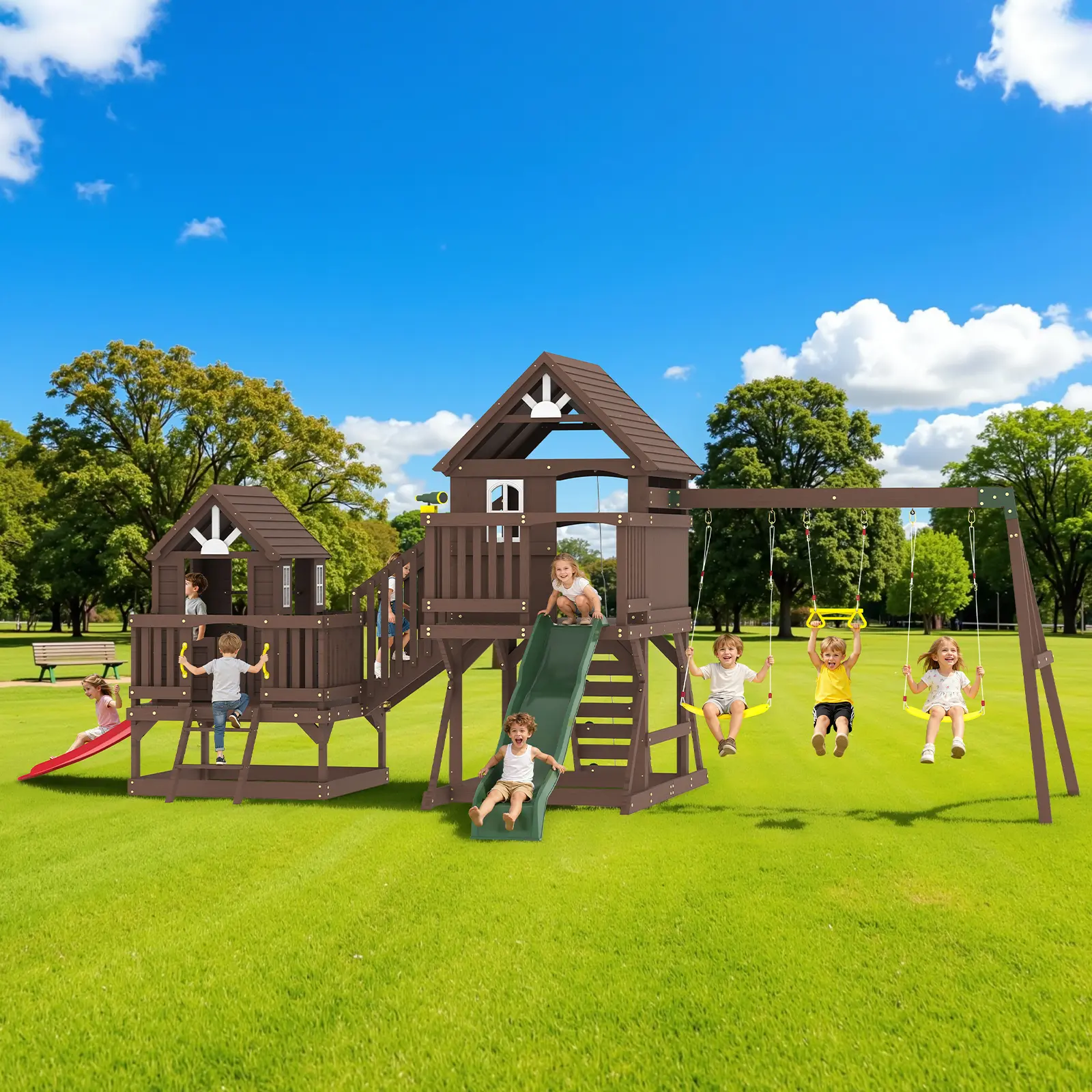 [SummerSale] ALBOTT Kids Outdoor Play Wooden Swing Set (3 Sizes) - Large Backyard Playscape Playhouse with Towers, Wave Slides, Swings, Climbing Wall, Ladder, Outdoor Play Sets for Ages 3-8, Mother's Day Gift