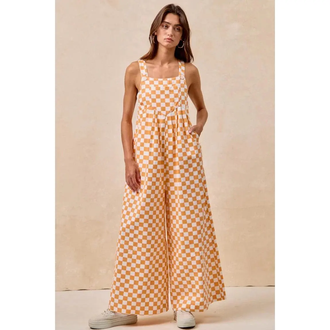 Women's Checkerboard Pattern Pleated Wide Leg Overalls - 100% Cotton Casual Fabric, Lightweight Gameday Fit, Button Straps, Twist Detail, Strap, Female Overalls, Loose-Fitting, Moves With You