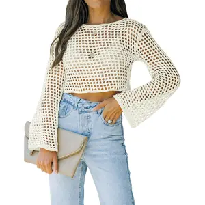 Womens Crochet Crop Top  Long Sleeve See Through Hollow Out Mesh  Cover Ups Womenswear Knitwear Knitting Army Green Basic Crewneck Minimalist Short