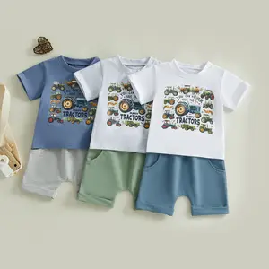 Canrulo Toddler Baby Boy Clothes 6 12 18 24 Month 2T 3T 4T 5T Summer Outfit Retro Farm Tractor Tee Shirts T-Shirt + Shorts Set