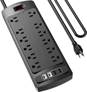 6 Ft Extension Cord Power Strip, Teiobar Surge Protector with 12 AC Outlets and 4 USB Ports for Home, Office, Dorm Essentials, 1875W/15A, 2700 Joules, ETL Listed, Black