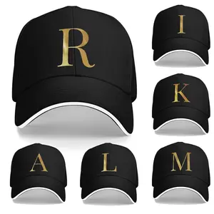 Custom Gold Foil 26 Alphabet Letter Baseball Cap Sandwich Brim 6-Panel Twill Adjustable Dad Hat Personalized Initial Monogram Hat For Men Women Daily Street Outdoor Black White Burgundy Navy