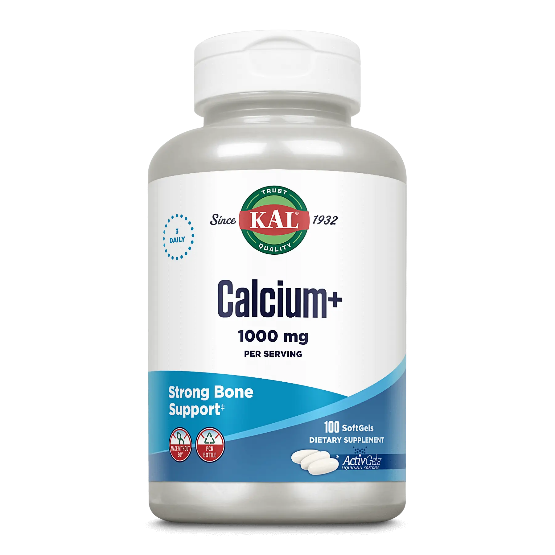 KAL Calcium+ ActivGels™ Softgels 1000 mg Dietary Supplement for Strong Bone Support - 100 Servings per Bottle - Springtok Healthcare - Fitness