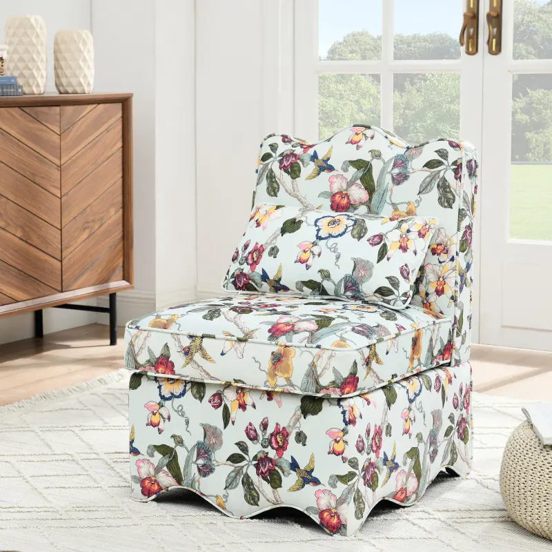 Flannel Upholstered Armless Dining Chair,Classic American Style Flower Design Fabric, Comfy Farmhouse Accent Chair with Padded Seat and Backrest for Living Room Kitchen