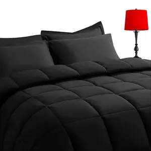 TAIMIT Queen Size Comforter Set - 7 Pieces, Bed in a Bag Bedding Sets with All Season Soft Quilted Warm Fluffy Reversible Comforter,Flat Sheet,Fitted Sheet,2 Pillow Shams,2 Pillowcases,Black