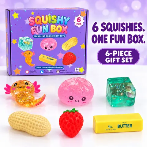 Squishy Toy Gift Set, 6 Different Designs & Textures per Box, Individually Wrapped Sensory Fidget Toys, Birthday Gifts & Party Favors