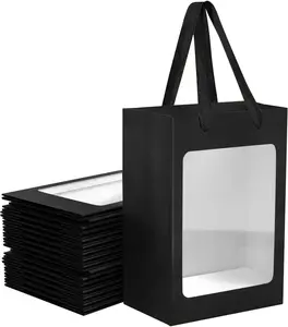 12 Pcs Black Kraft Paper Gift Bags with Transparent Window, 9.84"x7.0"x5.12" Kraft Shopping Bags with Handles for Bouquet Christmas Birthdays Festivals Party Weddings Wrapping