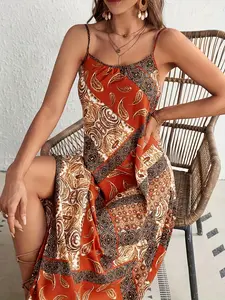 1 piece of women's color-block geometric pattern printed backless Woven dress, Bohemian Boho Casual vacation style