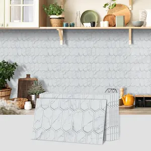 6/12/24/48PCS FG Retro Tile Stickers | PVC Crystal Film Light White Marble Hexagon Pattern | Rectangle Peel & Stick Backsplash | Self-Adhesive Waterproof Oil-Proof for Kitchen Bathroom Floor Tile Wooden Surfaces Home Decoration