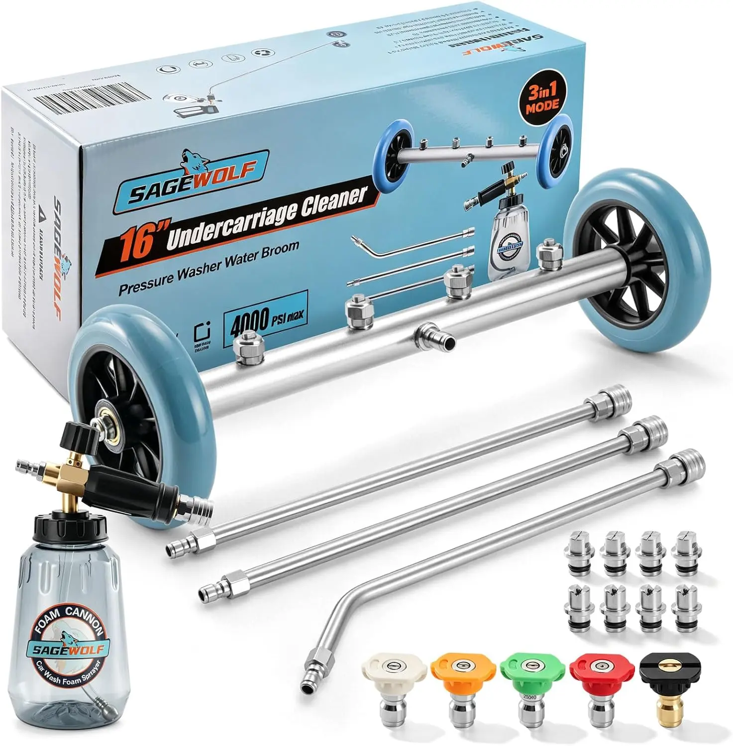 SAGEWOLF 16 IN Under Carriage Pressure Washer Water Broom with Foam Cannon 4000PSI | Pressure Washer Undercarriage Cleaner Attachment, Power Washer Surface Cleaner for Car Wash, SUVs, Driveway, Sidewalk