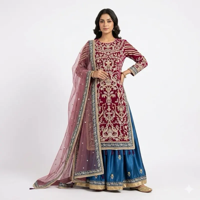 2-Piece Indian Bridal Gown for Women, Traditional Wedding Outfit with Full Sleeves, Comfortable Set Includes Underwear for Women, Longsleeves, Bridal Set, Flattering Fit, Multi-Size