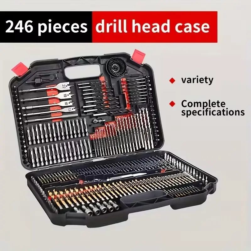 246-Piece High-Speed Steel Drill Bit Set with Storage Box, Titanium Coated Wood & Metal Drilling Bits for Cutting and Drilling