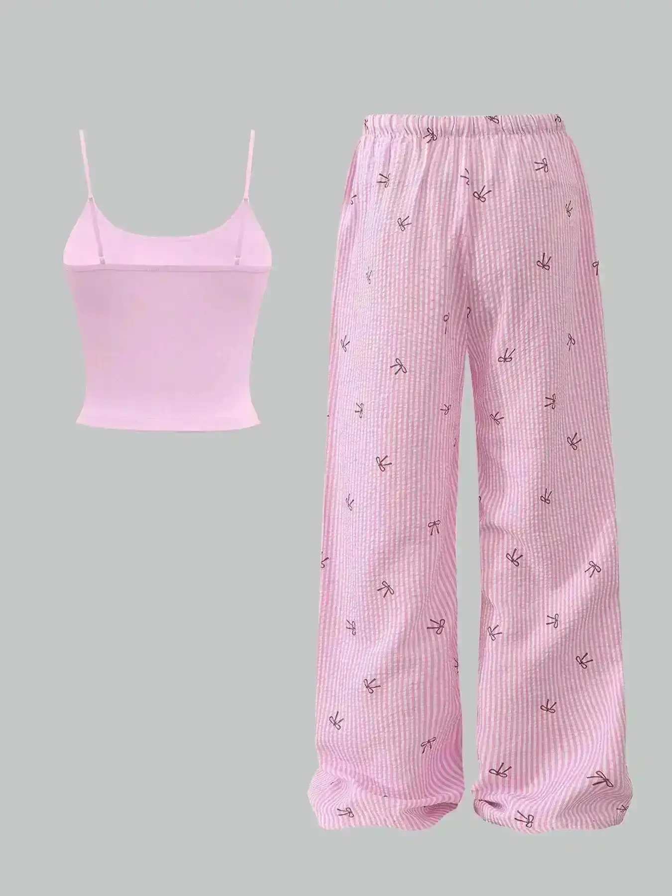 Vintage 2-Pack Pink Bow Coquette Set, Womenswear, Cami Crop Top Striped Wide-Leg Pants – Viral Aesthetic!Sweet Print, Quilted Fabric, Comfy Relaxed Casual Fit Perfect for Outfit of the day, Y2KRevival.Stylish Brunch
