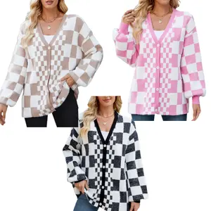 Women's Pink Checkerboard Cardigan Sweater Long Sleeve Oversized Open Front Button Down Ribbed Loose Knit Outerwear Regular Fit Modern Design Casual Fashion