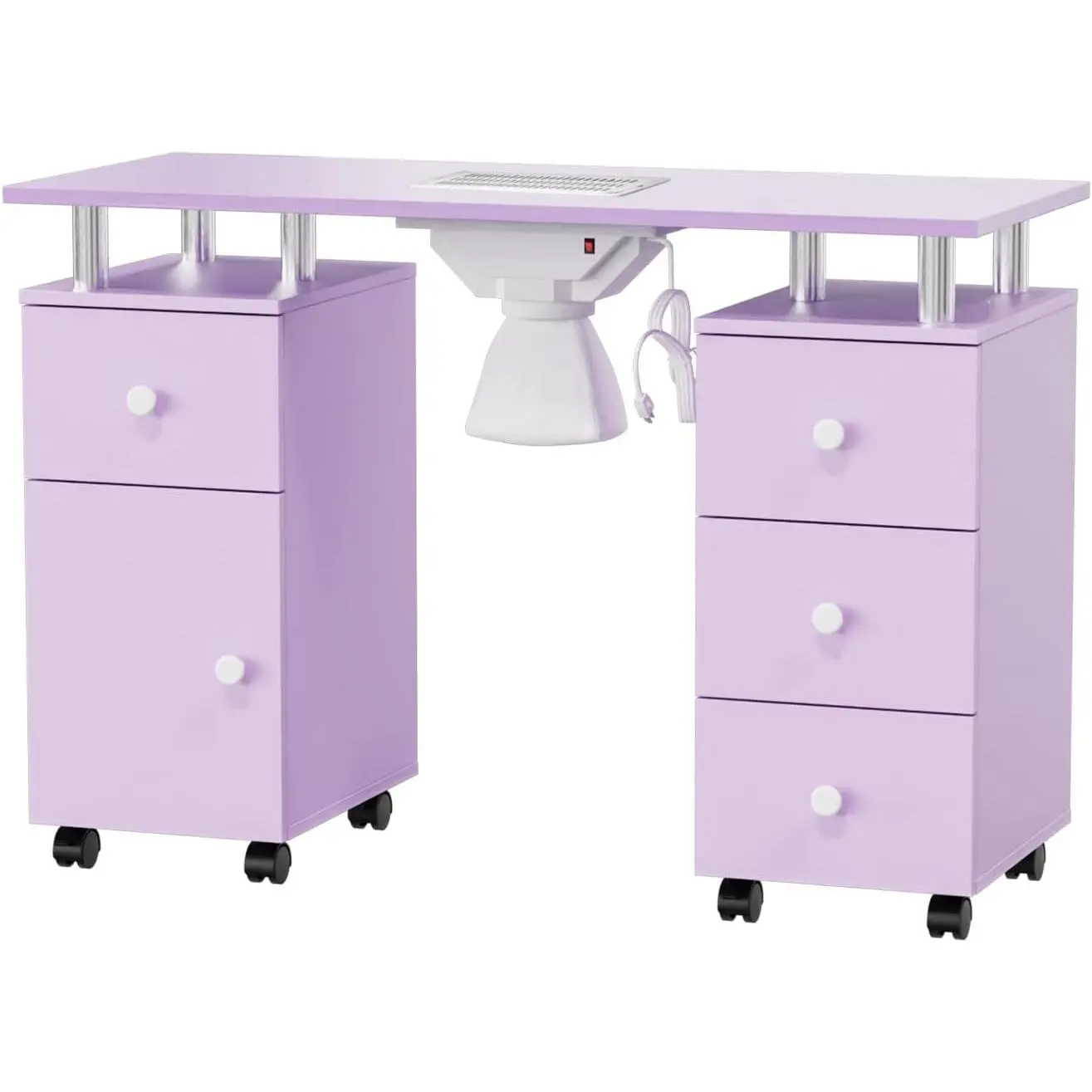 OmySalon Manicure Table Nail Desk for Nail Tech, Nail Table Station w/Electric Dust Collector, Makeup Storage for Beauty Salon Acetone Resistant w/Lockable Wheels,Wrist Cushion,Drawers,Cabinet