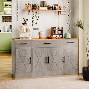 Walsunny Kitchen Buffet Sideboard Cabinet with 4 Doors and 3 Drawers, Entryway Adjustable Storage Pantry Shelf, Farmhouse Coffee Bar Cabinet for Kitchen, Grey