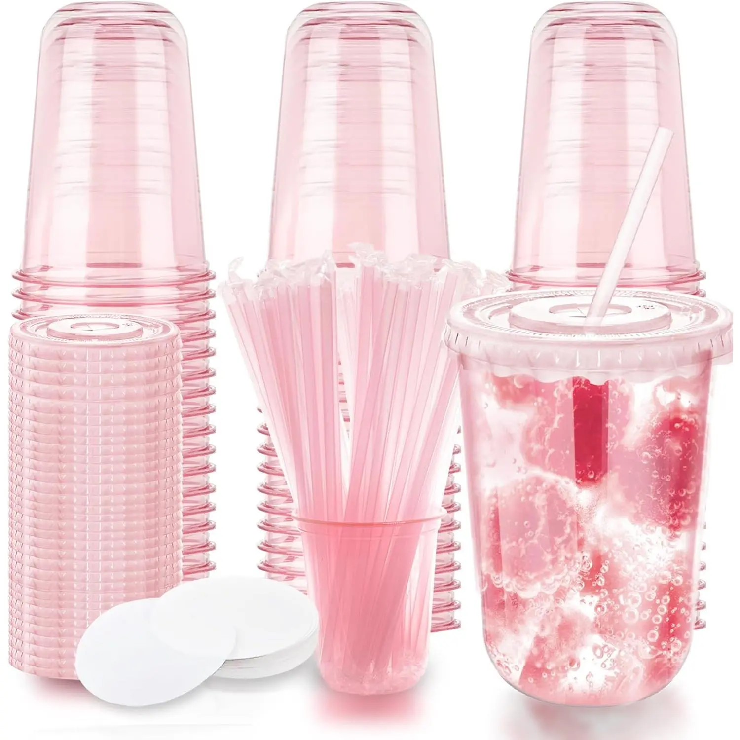 16oz Disposable Stemless Glasses with Flat  and Straws,PET Disposable Drinking Cups,Clear Plastic  Glasses for Parties Birthday,Wedding,Meeting,Christmas Party Supplies. (50, )