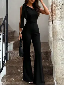 Asymmetrical One-Shoulder Slim Fit Jumpsuit for Women, Black Wide Leg Flared Bow Tie High Waist Jumpsuit for Formal Evening Party, 1 Piece