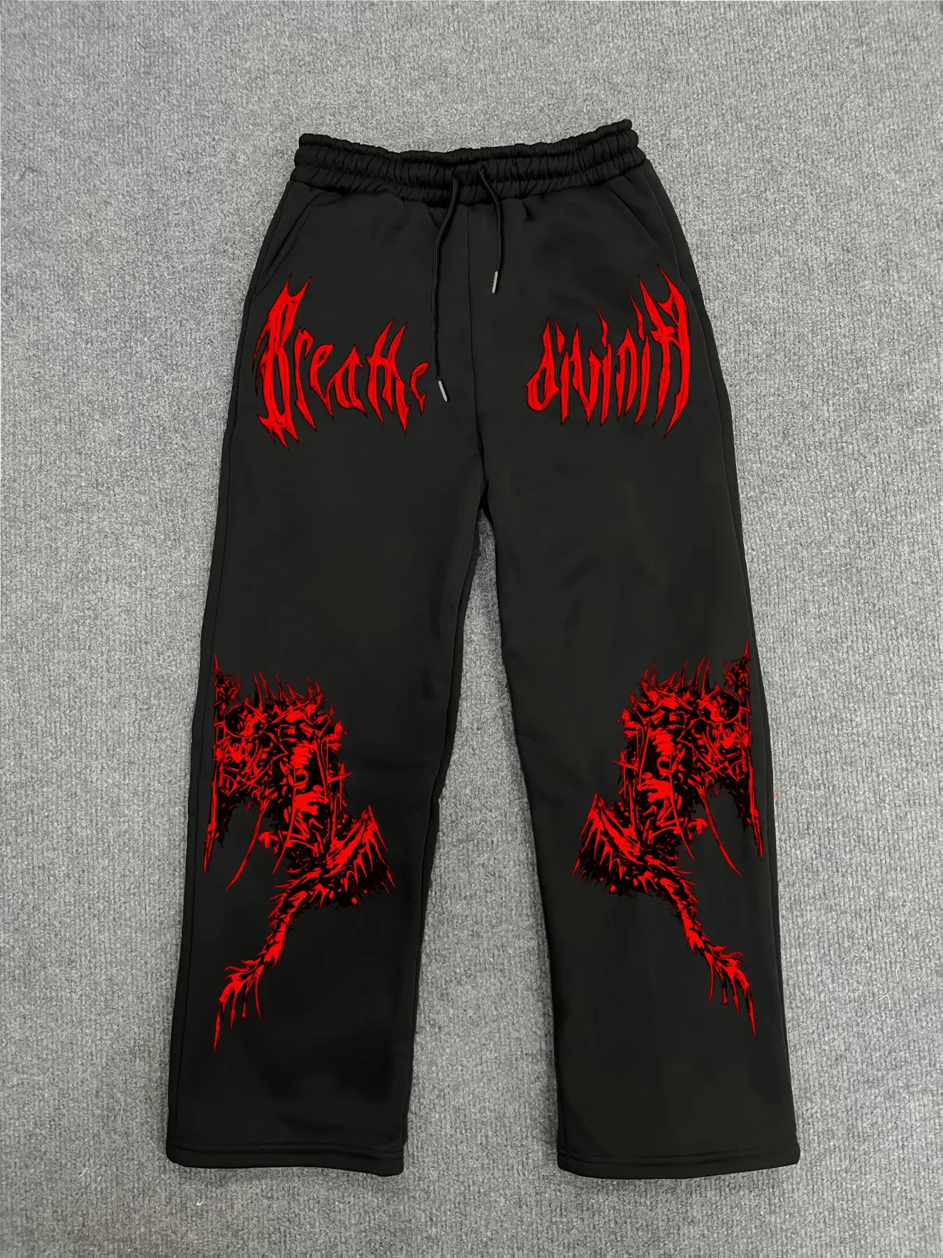 Breathe Divinity Death Metal Sweatpants - Red Demon Graphic Gothic Joggers Fitted Cut